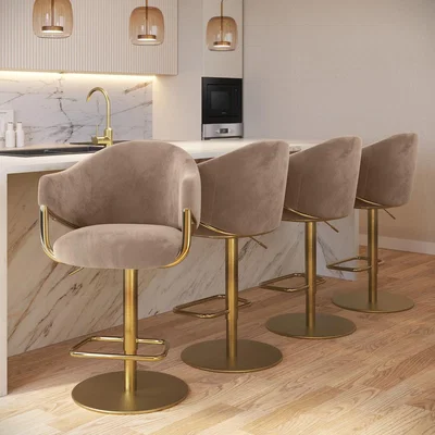 Furniture123 Set of 4 Beige Velvet Adjustable Swivel Bar Stools with Gold Base - Ronnie