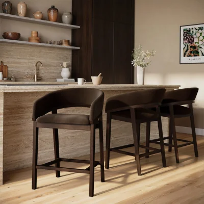 Furniture123 Set of 3 Walnut & Chocolate Brown Velvet Curved Kitchen Stools with Back - Owen