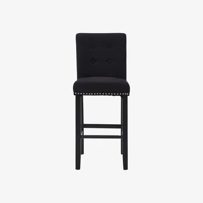La Redoute Bar Chair in Black Linen & Stud Detail with Rubberwood Legs