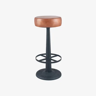 La Redoute Vintage Brown Leather & Iron Round Bar Stool