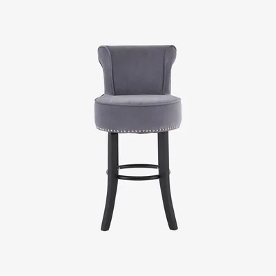 La Redoute Bar Chair in Grey Velvet & Stud Detail with Black Tropical Hevea Wood Legs