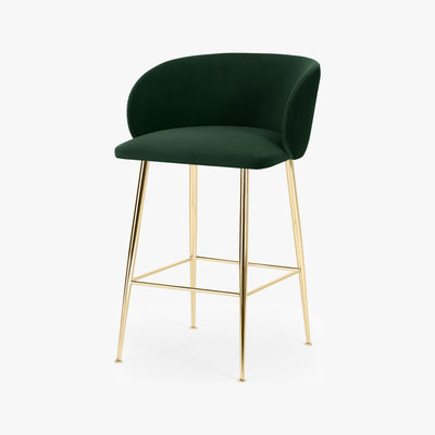 Made.com Adeline Counter Height Bar Stool, Pine Green Velvet & Brass