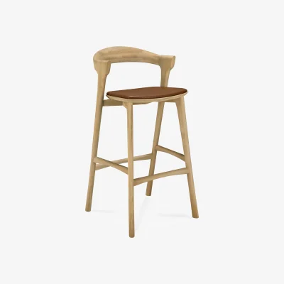 Nordic Nest Ethnicraft Beech bar stool Lacquered oak–leather Cognac 75 cm