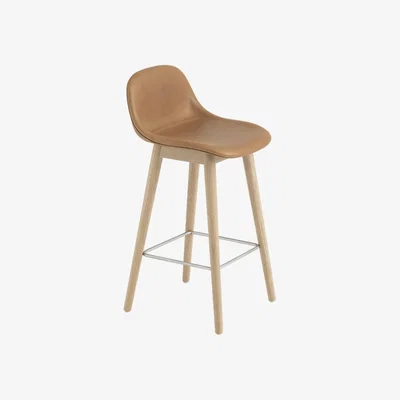 Nordic Nest Muuto Fiber barstool with backrest Leather refine cognac oak legs low