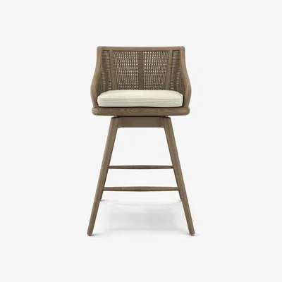 OKA OKA, Carlos Cane Swivel Bar Stool - Weathered Oak/Natural, Bar Stools, Ash Wood/Linen/Rattan