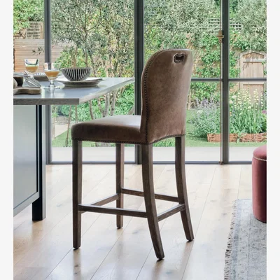 OKA OKA, Stafford Leather Bar Stool - Aged Tobacco, Bar Stool