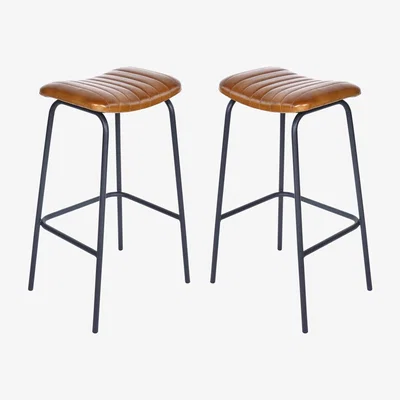 Olivia's Libra Interiors Pair of Arthur Leather Bar Stools in Cognac