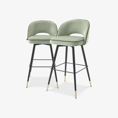 Olivia's Eichholtz Cliff Set of 2 Bar Stools in Savona Pistache Green Velvet