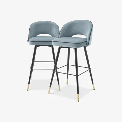Olivia's Eichholtz Cliff Set of 2 Bar Stools in Savona Blue Velvet