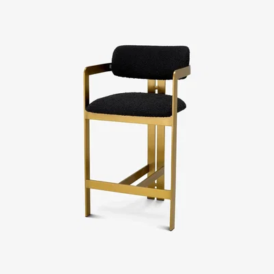 Olivia's Eichholtz Cliff Brushed Brass Finish Counter Stool in Black Donato Bouclé