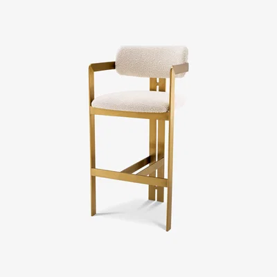Olivia's Eichholtz Donato Brushed Brass Finish Bar Stool in Bouclé Cream