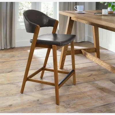 Downtown Brandon Rustic Oak Upholstered Bar Stool - Old West Vintage In Black/Oak