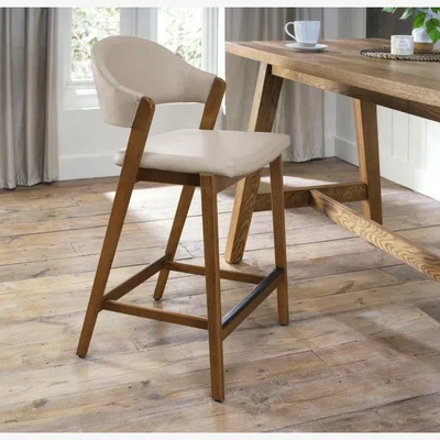 Downtown Brandon Rustic Oak Upholstered Bar Stool - Ivory Bonded Leather In Ivory/Oak