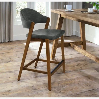 Downtown Brandon Rustic Oak Upholstered Bar Stool - Dark Grey Fabric In Grey/Oak