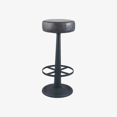 Pagazzi Steel Grey Leather and Iron Round Bar Stool