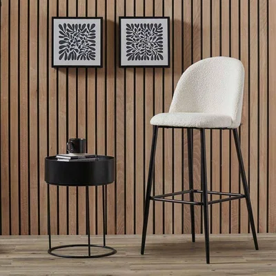 Pagazzi Turi White Bouclé Fabric and Black Metal Bar Stool