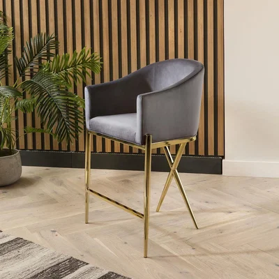 Quatropi Quatropi Bar Stool Grey Velvet Curved Back on Gold Legs