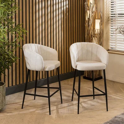 Quatropi Set of 2 Breakfast Counter Bar Stool Chairs With Backs Stone Grey Fabric