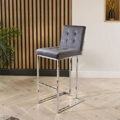 Quatropi Quatropi Bar Stool Grey Velvet Tufted on Chrome Legs