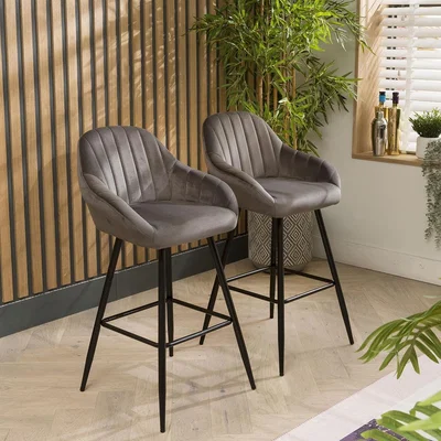 Quatropi Set of 2 Velvet Kitchen Counter Island Bar Stools with Backs Grey