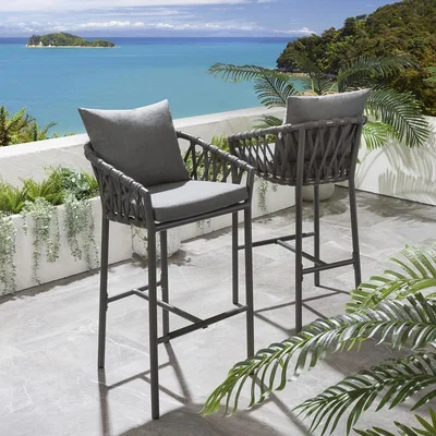 Quatropi Set of 2 Outdoor Garden Bar Stools With Backs Cushioned Aluminium Grey
