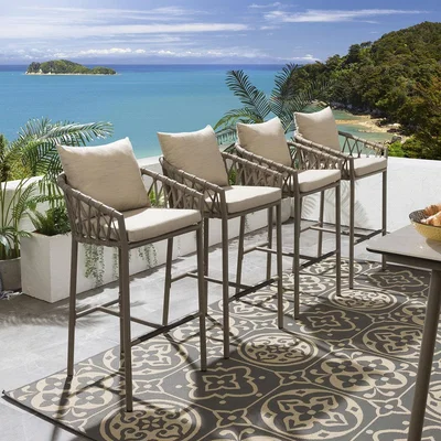 Quatropi Set of 4 Outdoor Garden Bar Stools With Backs Cushioned Aluminium Beige