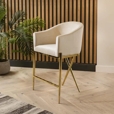Quatropi Luxury Velvet Counter Height Kitchen Island Bar Stool Cream Gold Legs