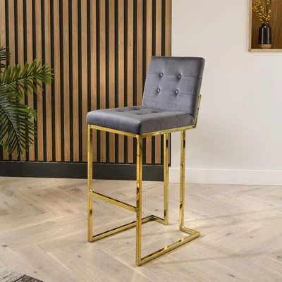 Quatropi Quatropi Bar Stool Grey Velvet Tufted on Gold Legs