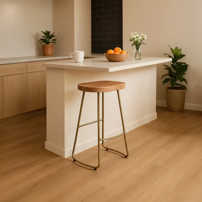 The Range Nandri Acacia Wood and Antique Brass Bar Stool - Natural