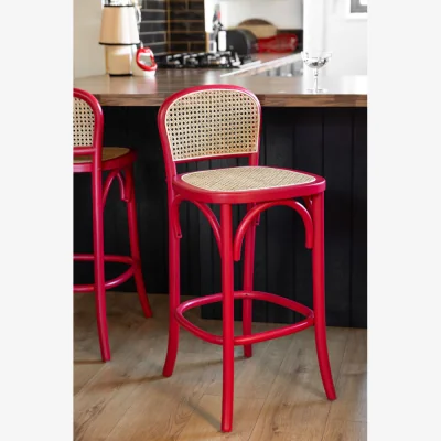 Rockett St George Set of 2 Chez Pitou Wood & Woven Cane Bar Stools in Red