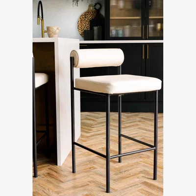Rockett St George Cream & Black Faux Leather Roll Back Bar Stool
