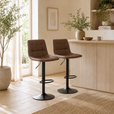 The Range Ninora Set Of 2 Brown Tufted Faux Leather Swivel Bar Stools With Back Support