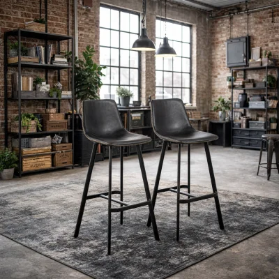 The Range Bogense Set of 2 Faux Leather Bar Stools with Zigzag Stitching - Black