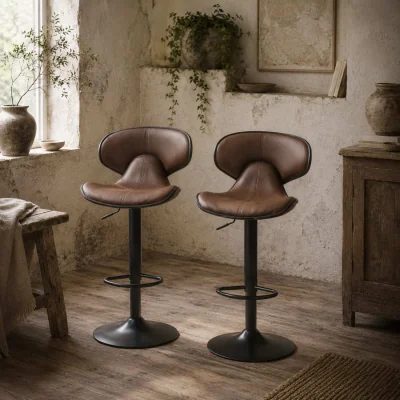 The Range Mifaro Set of 2 Brown Adjustable Swivel Bar Stools with Steel Frame and Footrest
