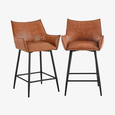 The Range Set of 2 PU Leather Bar Stools with Armrests - Brown