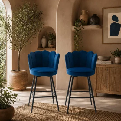 The Range Yovafi Set of 2 Dark Blue Velvet-Feel Lotus Bar Stools
