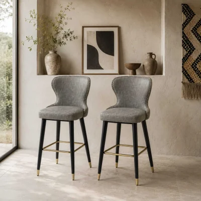 The Range Finomo Set of 2 Grey Faux Leather Bar Stools with Wooden Legs and Footrest