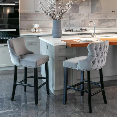 The Range Set of 2 Modern Velvet Tufted Wing Back Wooden Leg Bar Stools - Grey