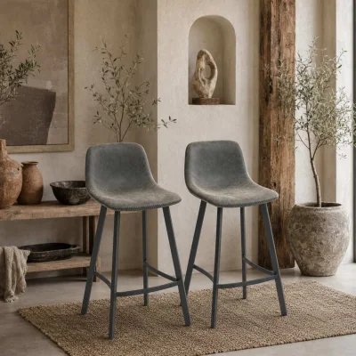 The Range Nora Set of 2 Grey Faux Leather Dining Bar Stools with Back and Foot Support