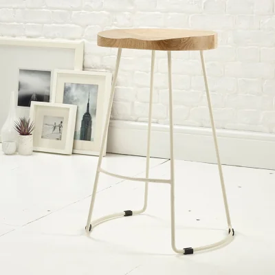 The Range Solid Hard Wood White Metal Breakfast Bar Kitchen Pub Café Stool Wooden H 70 x W 52 x D 36 cm - White