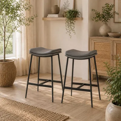 The Range Ralura Microfiber Grey Industrial Breakfast Bar Stools Set of 2, Curved Seat