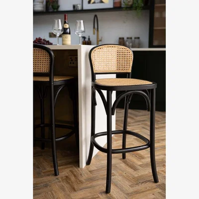 Rockett St George Chez Pitou Black Wood & Woven Cane Bar Stool
