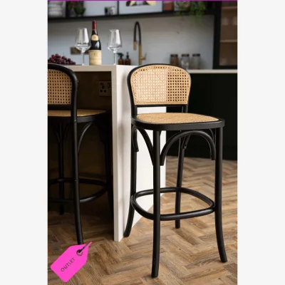 Rockett St George Set of 2 Chez Pitou Wood & Woven Cane Bar Stools in Black - SECONDS