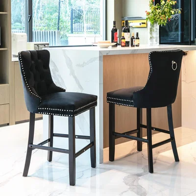 The Range Set of 2 Velvet Bar Stools with Wooden Legs - Black