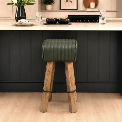 The Range Industrial Bar Stool with Genuine Green Leather Seat - Green