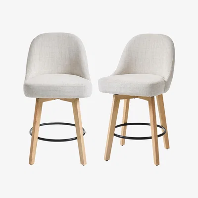 The Range Livingandhome Set of 2 Swivel Bar Stools with Wooden Legs and Round Footrest - Beige