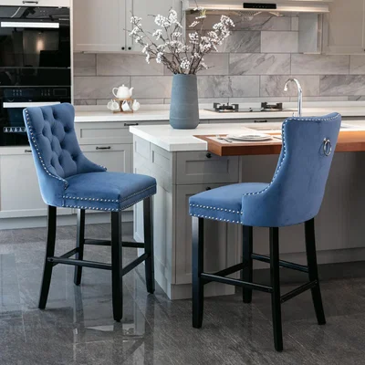 The Range Set of 2 Velvet Tufted High Back Oak Leg Bar Stools - Royal Blue