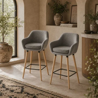 The Range Nonozzi Grey Fabric Bar Stools Set of 2 - Solid Wood Legs and Metal Frame