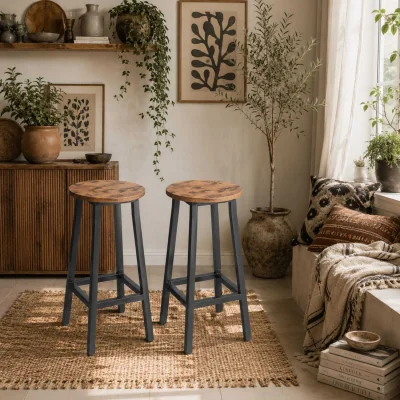 The Range Rema Set of 2 Rustic Brown Industrial Round Bar Stools 65cm.