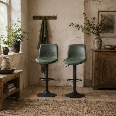 The Range Kekero Set of 2 Green Faux Leather Counter Bar Chairs with Back and Footrest